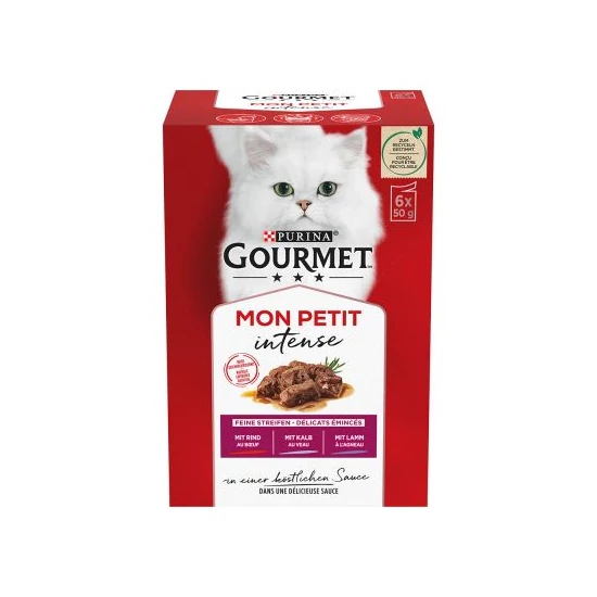 GOURMET MON PETIT Marhával/Borjúval/Báránnyal nedves macskaeledel 6x50g
