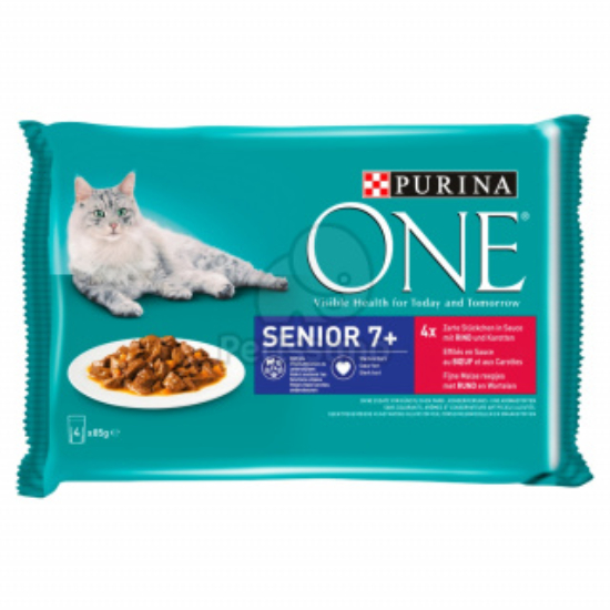 A Purina ONE Senior 7+  nedves macskaeledel marhával és sárgarépával szószban 4x85g